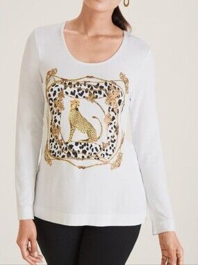 Chico's The Ultimate Tee‎ Long Sleeve Leopard Scarf Print Sz3 White Athleisure